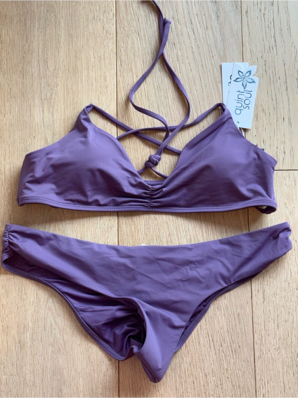 Quintsoul Purple Mauve Strappy Bikini Set Cheeky Ruched Two Piece Swimsuit NWT